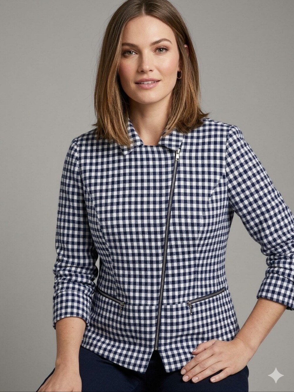 46 🏷️CHICOS size 4 Womens top GINGHAM Plaid moto jacket navy blue and white